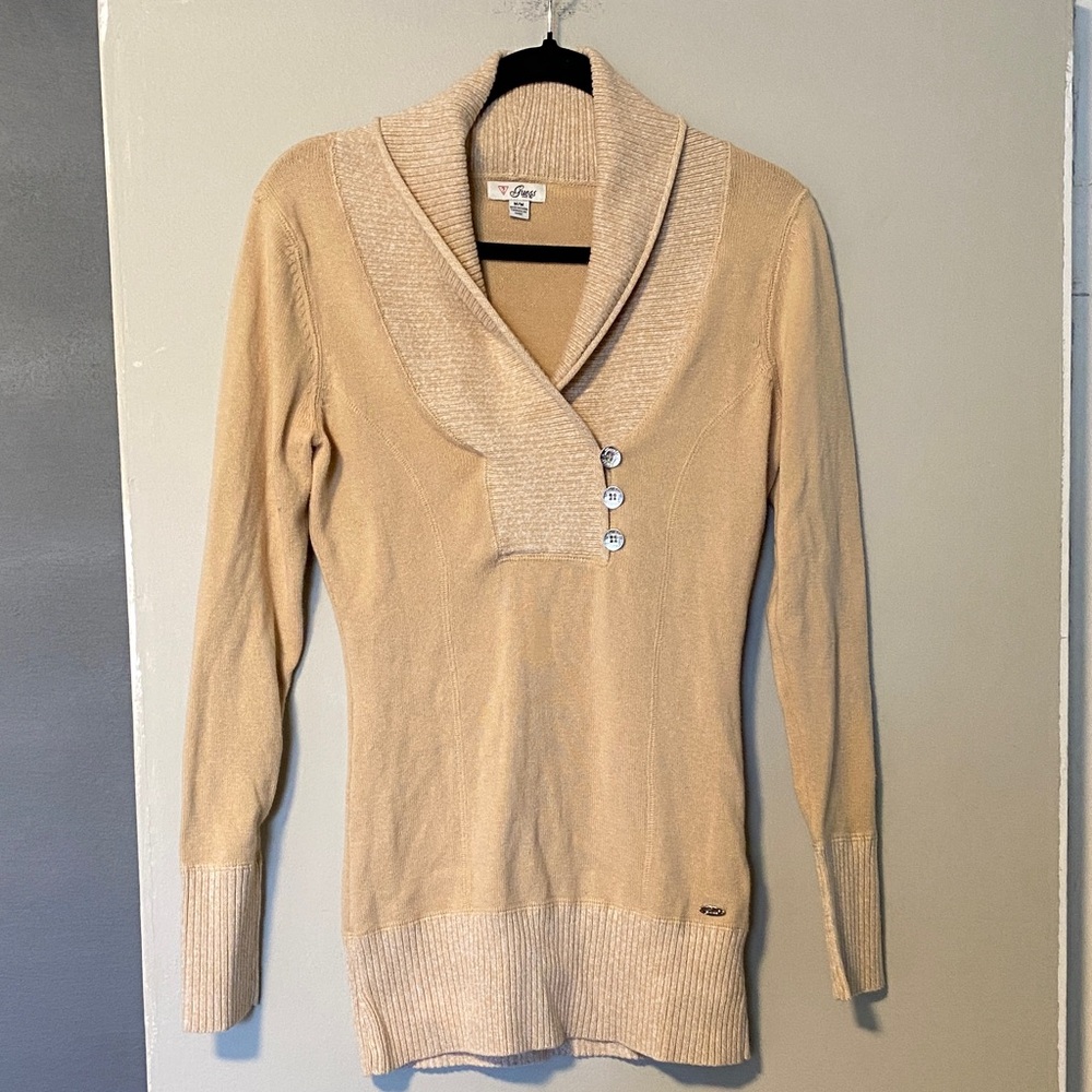 Guess Beige Cowl Neck Sweater with Button Detail